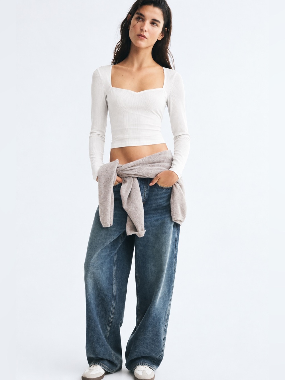 H&M Divided White Ribbed Long-Sleeve Crop Top — Size S